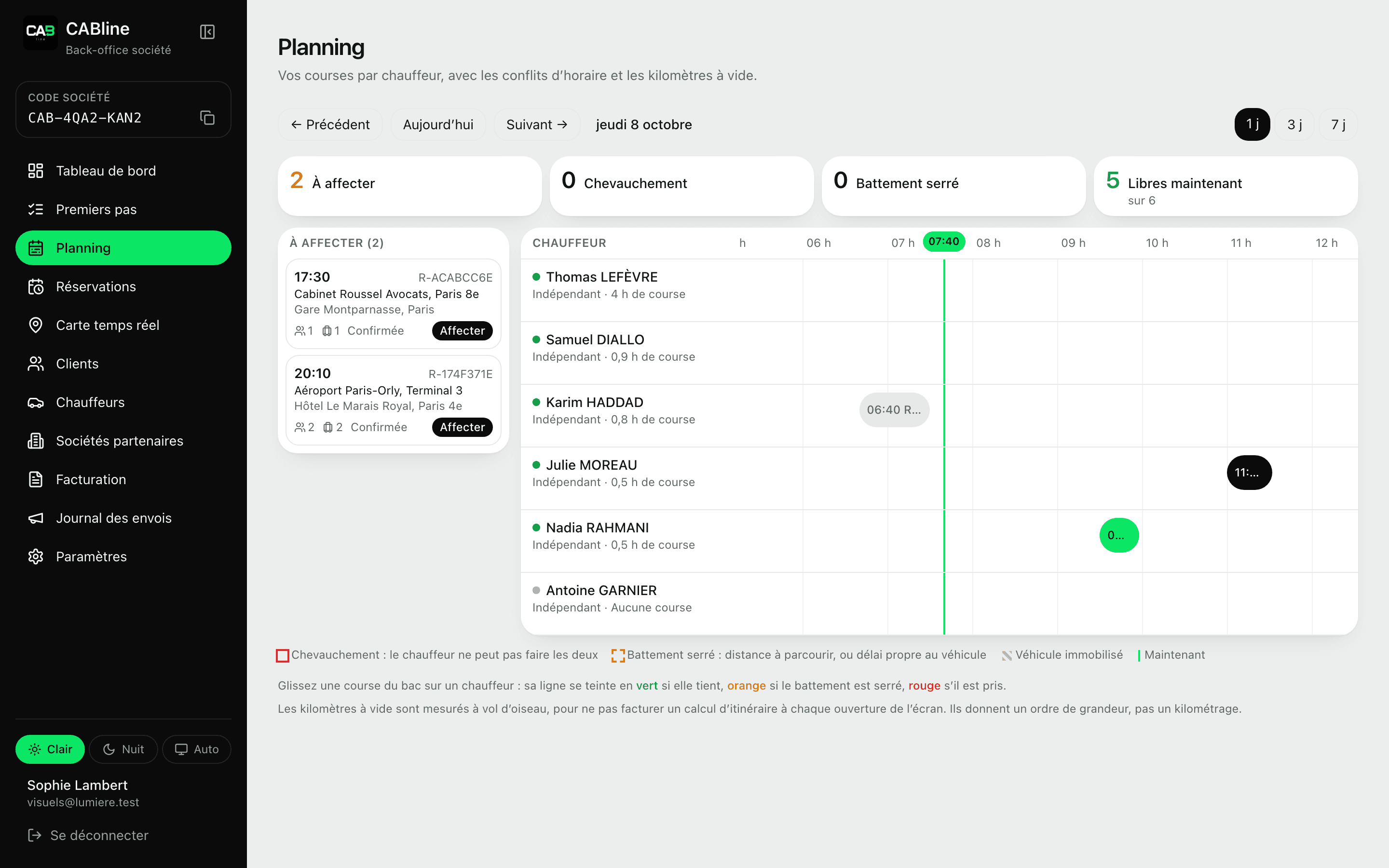 Le planning des courses dans le back-office CABline.app