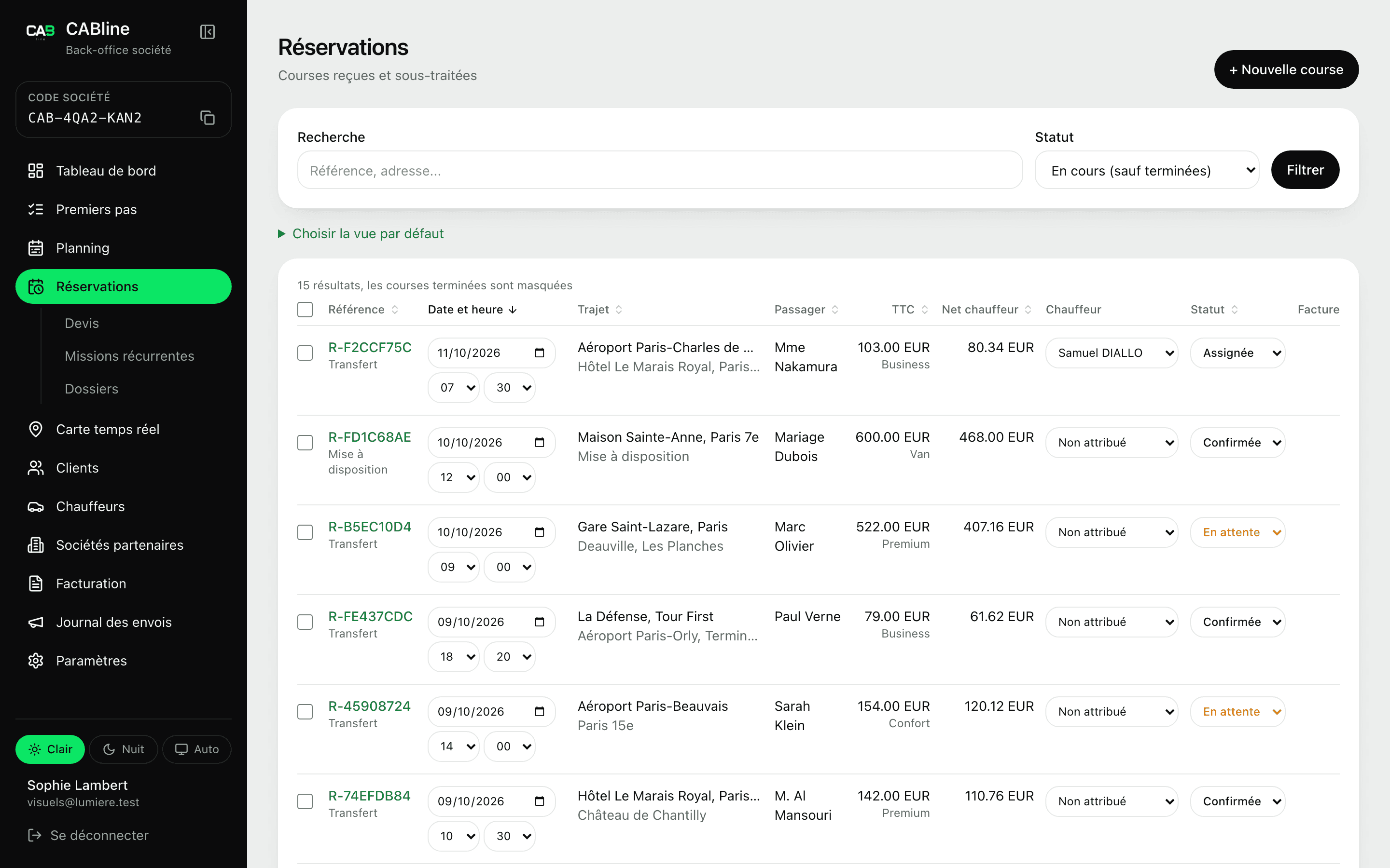 La liste des réservations dans le back-office CABline.app