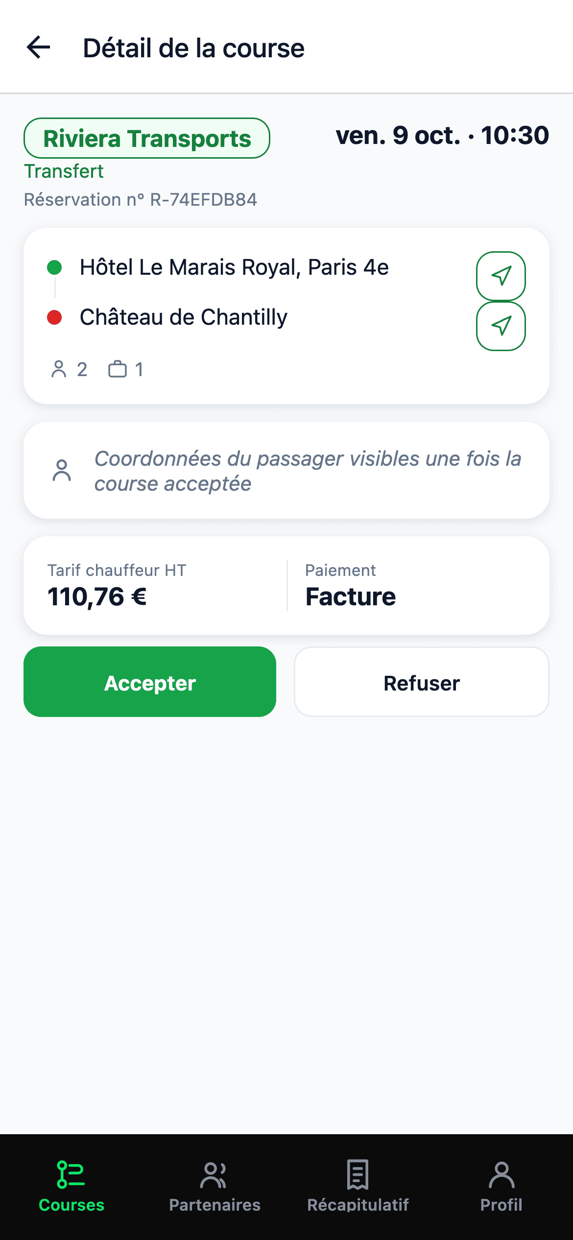 L’application chauffeur : une course proposée, avec le net du chauffeur